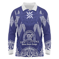 Personalised Queen Salote College Centenary Long Sleeve Polo Shirt Tongan Kupesi Pattern LT05 Navy - Polynesian Pride