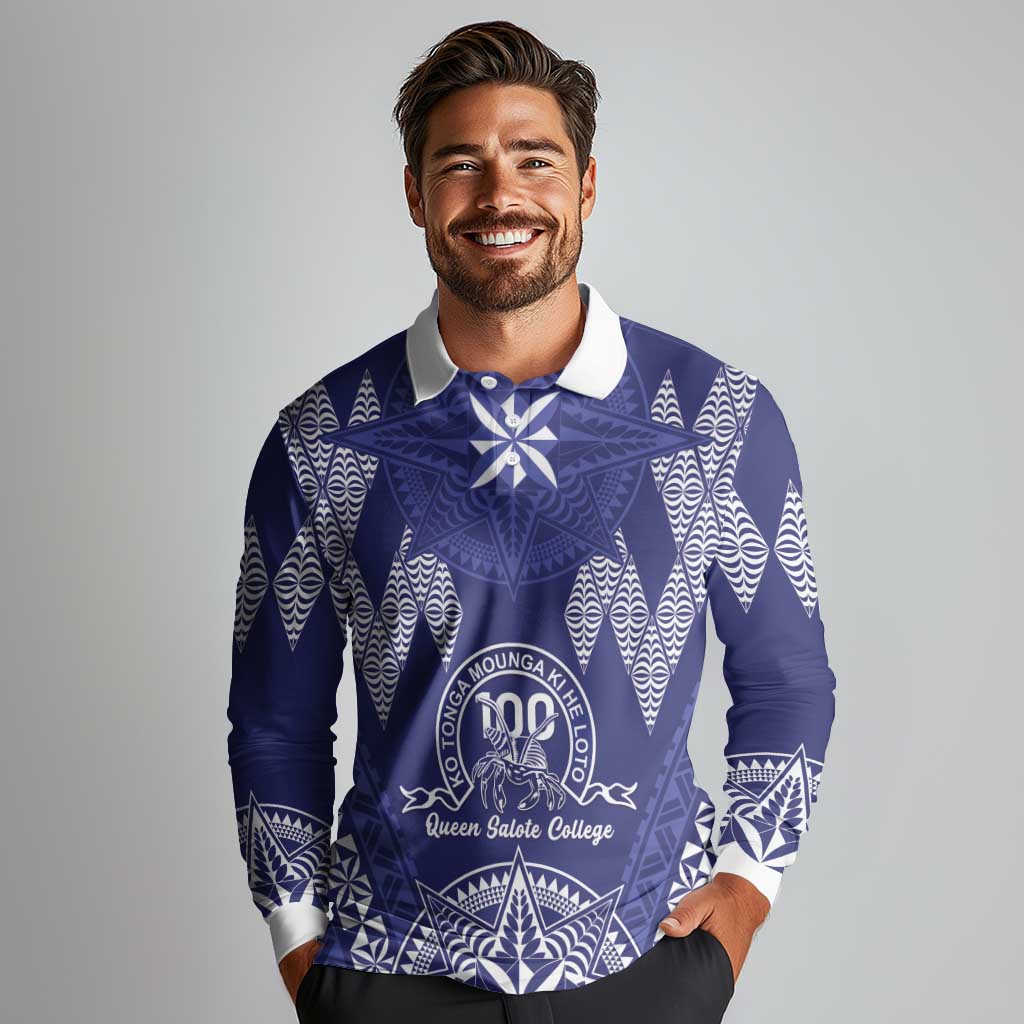 Personalised Queen Salote College Centenary Long Sleeve Polo Shirt Tongan Kupesi Pattern LT05 - Polynesian Pride