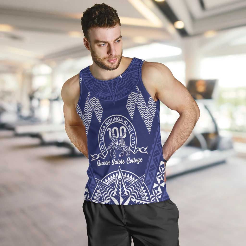 Personalised Queen Salote College Centenary Men Tank Top Tongan Kupesi Pattern LT05 Navy - Polynesian Pride