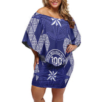 Personalised Queen Salote College Centenary Off Shoulder Short Dress Tongan Kupesi Pattern LT05 Women Navy - Polynesian Pride