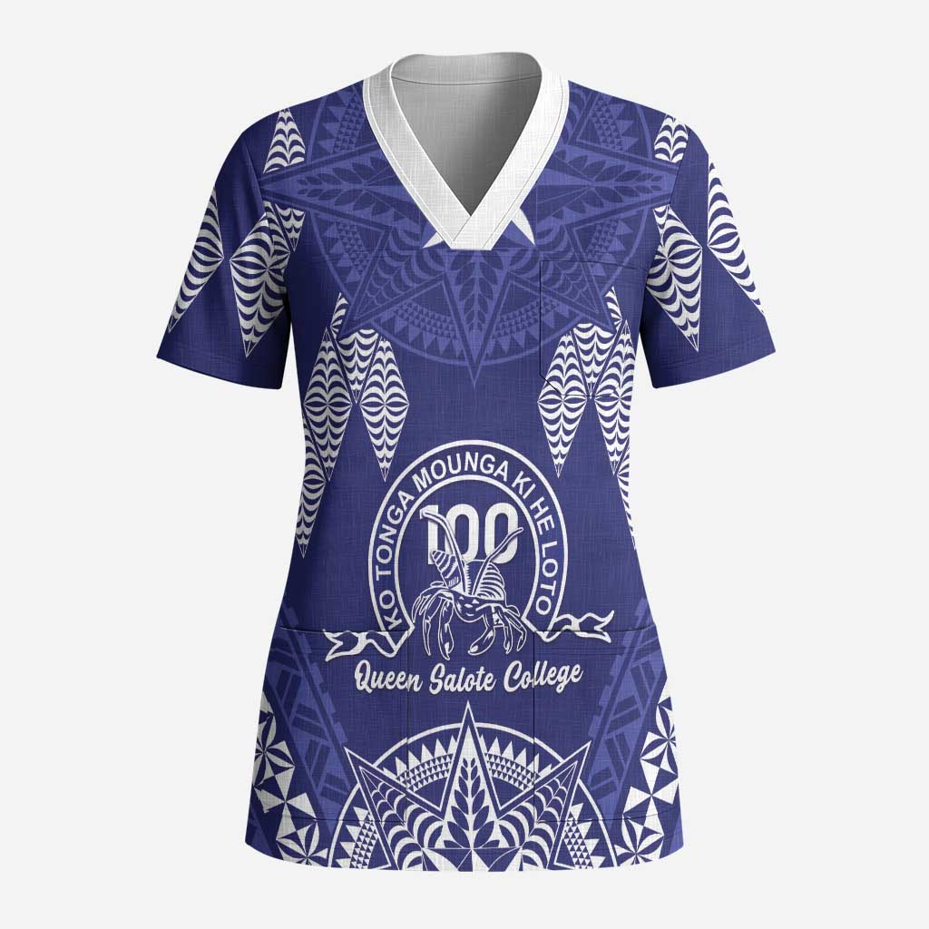 Personalised Queen Salote College Centenary Scrub Top Tongan Kupesi Pattern LT05 Adult Navy - Polynesian Pride