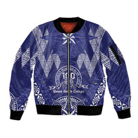 Personalised Queen Salote College Centenary Sleeve Zip Bomber Jacket Tongan Kupesi Pattern LT05 Unisex Navy - Polynesian Pride