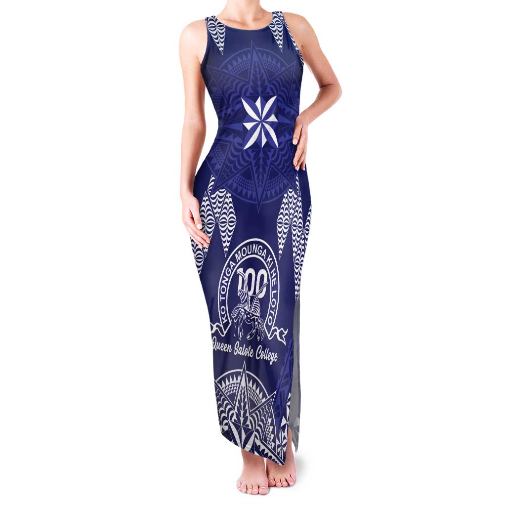 Personalised Queen Salote College Centenary Tank Maxi Dress Tongan Kupesi Pattern LT05 Women Navy - Polynesian Pride