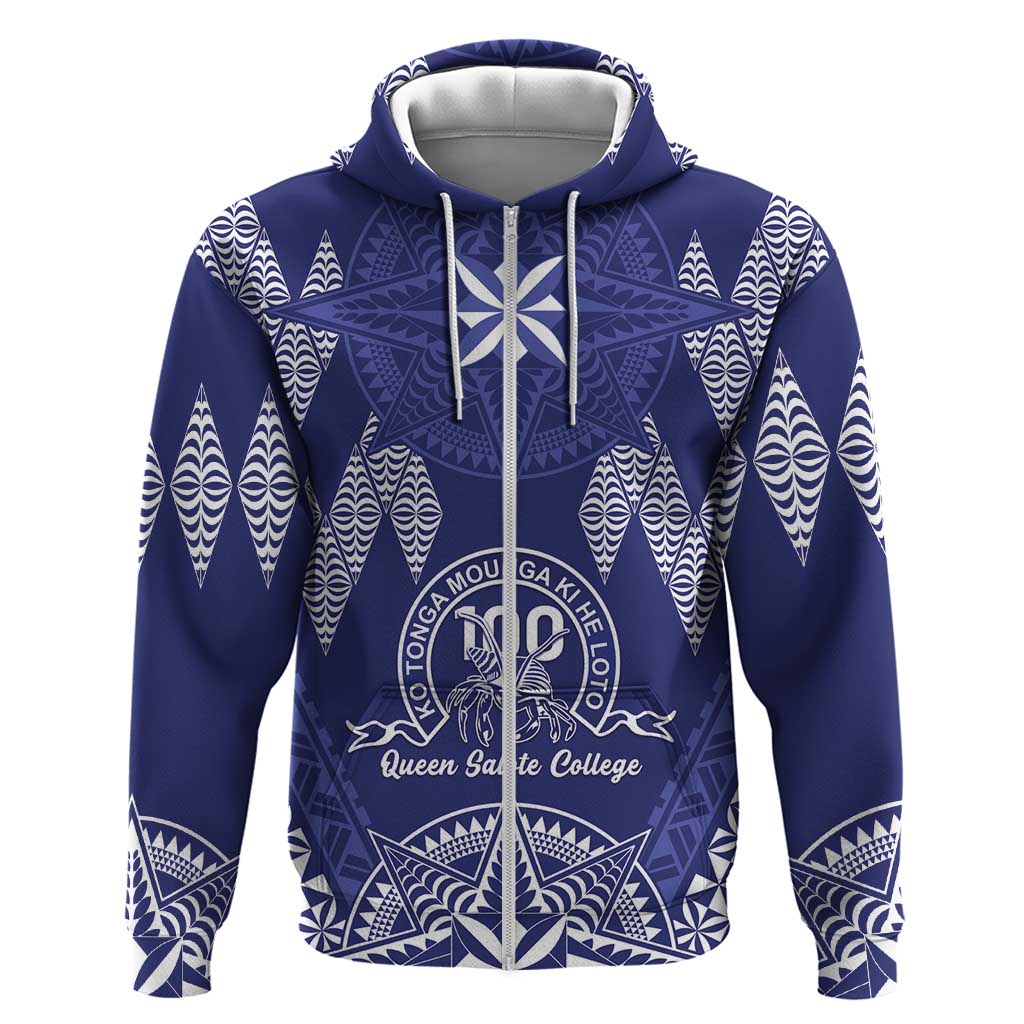 Personalised Queen Salote College Centenary Zip Hoodie Tongan Kupesi Pattern LT05 Zip Hoodie Navy - Polynesian Pride