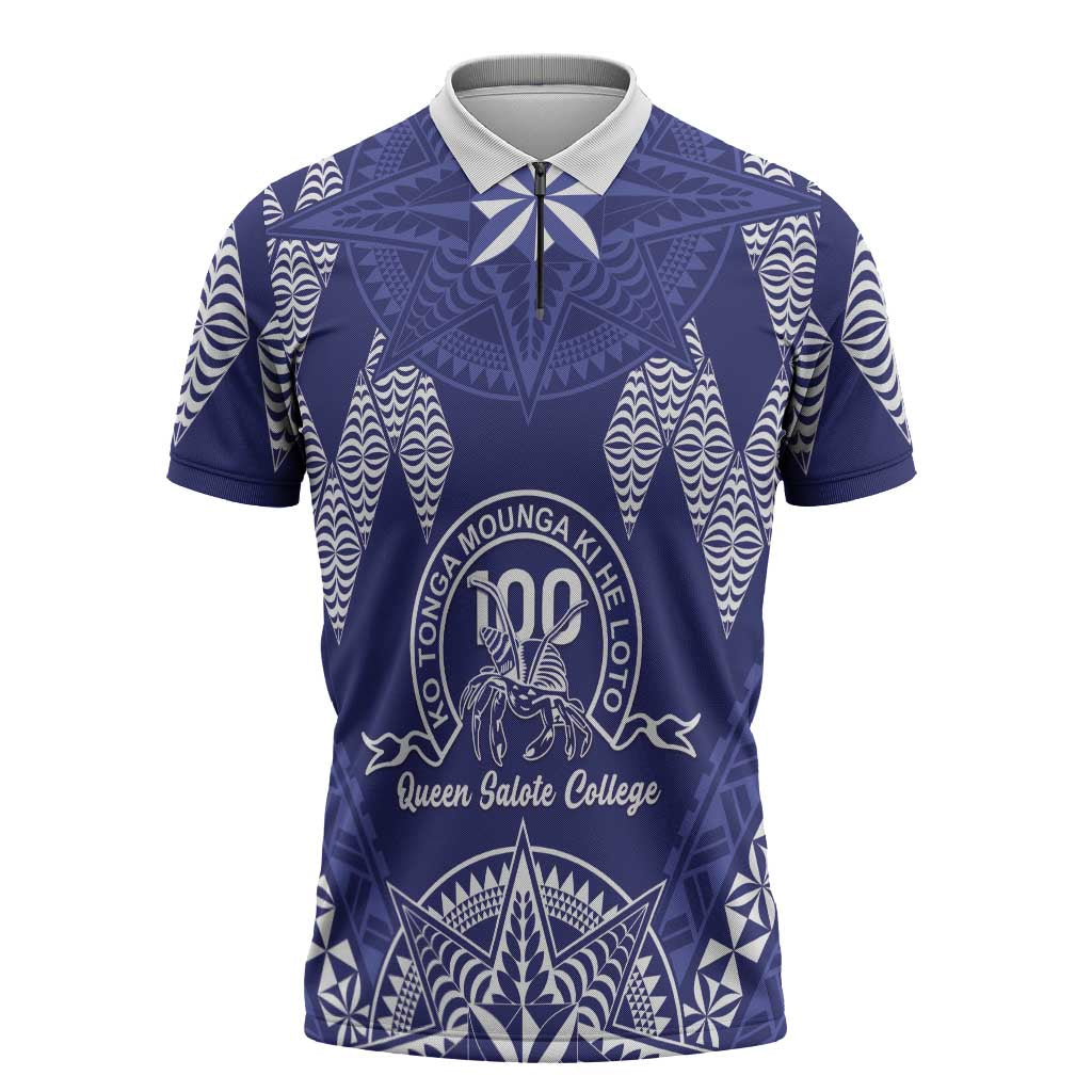 Personalised Queen Salote College Centenary Zipper Polo Shirt Tongan Kupesi Pattern LT05 Navy - Polynesian Pride