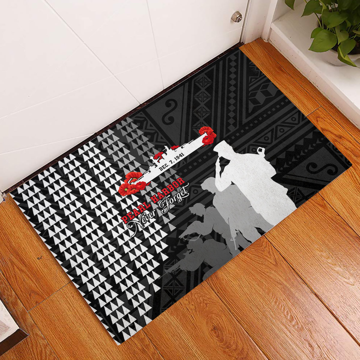 Pearl Harbor Remembrance Day Rubber Doormat USS Arizona In Memory With Polynesian Pattern LT05 Black - Polynesian Pride