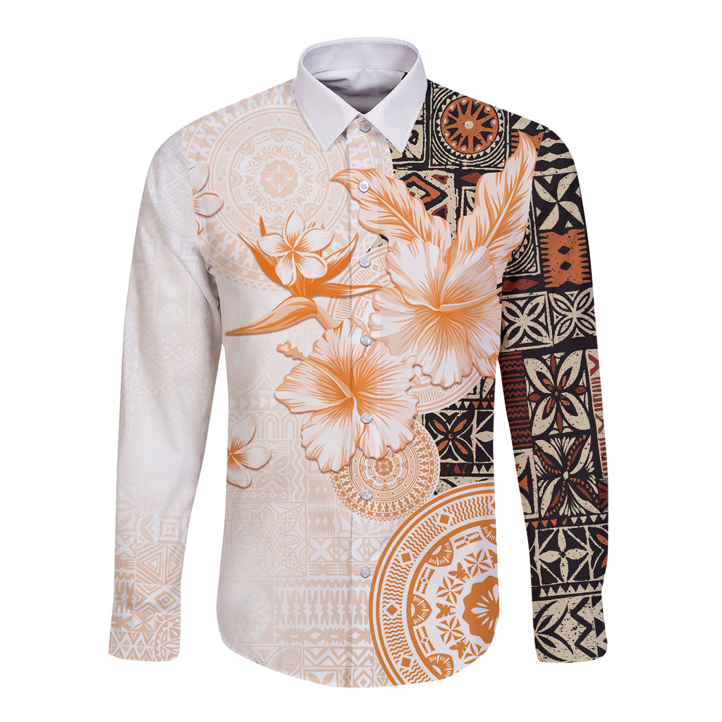 Fiji Long Sleeve Button Shirt Masi Tapa Pattern Brown LT05 Unisex Brown - Polynesian Pride