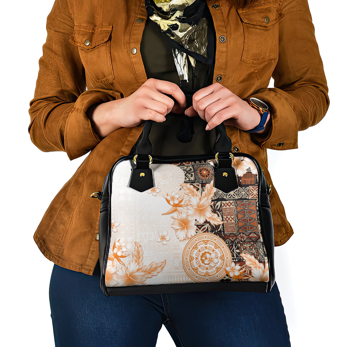 Fiji Shoulder Handbag Masi Tapa Pattern Brown LT05 - Polynesian Pride