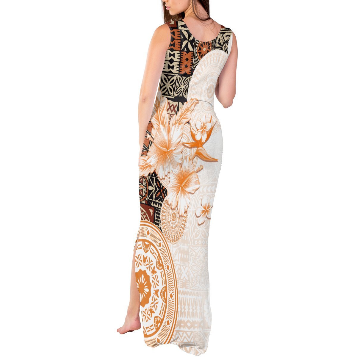 Fiji Tank Maxi Dress Masi Tapa Pattern Brown LT05 - Polynesian Pride