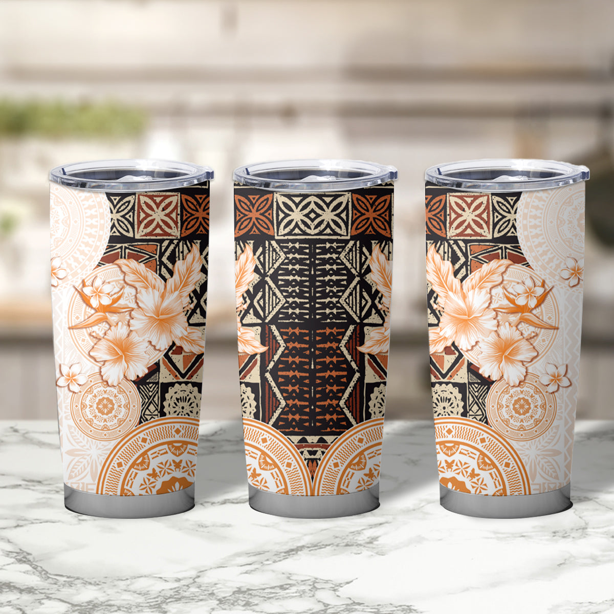 Fiji Tumbler Cup Masi Tapa Pattern Brown LT05 - Polynesian Pride