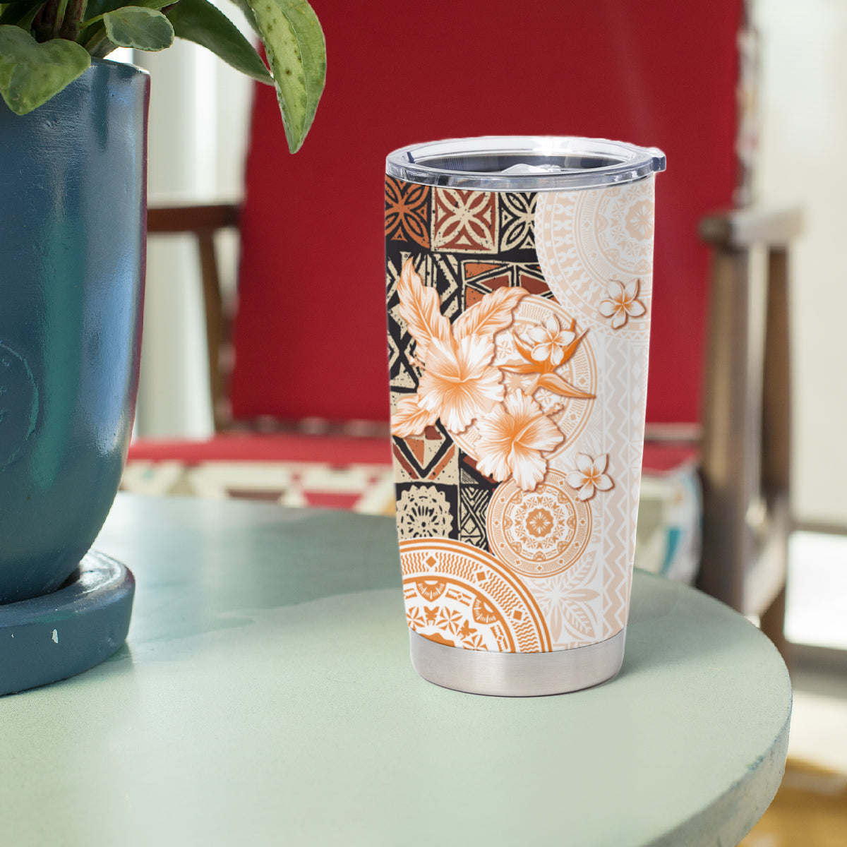 Fiji Tumbler Cup Masi Tapa Pattern Brown LT05 - Polynesian Pride