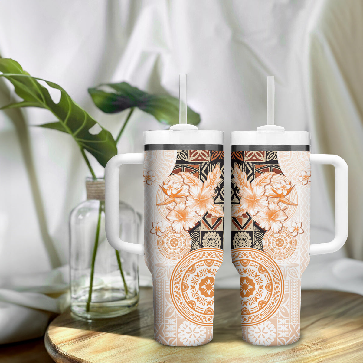 Fiji Tumbler With Handle Masi Tapa Pattern Brown LT05 - Polynesian Pride