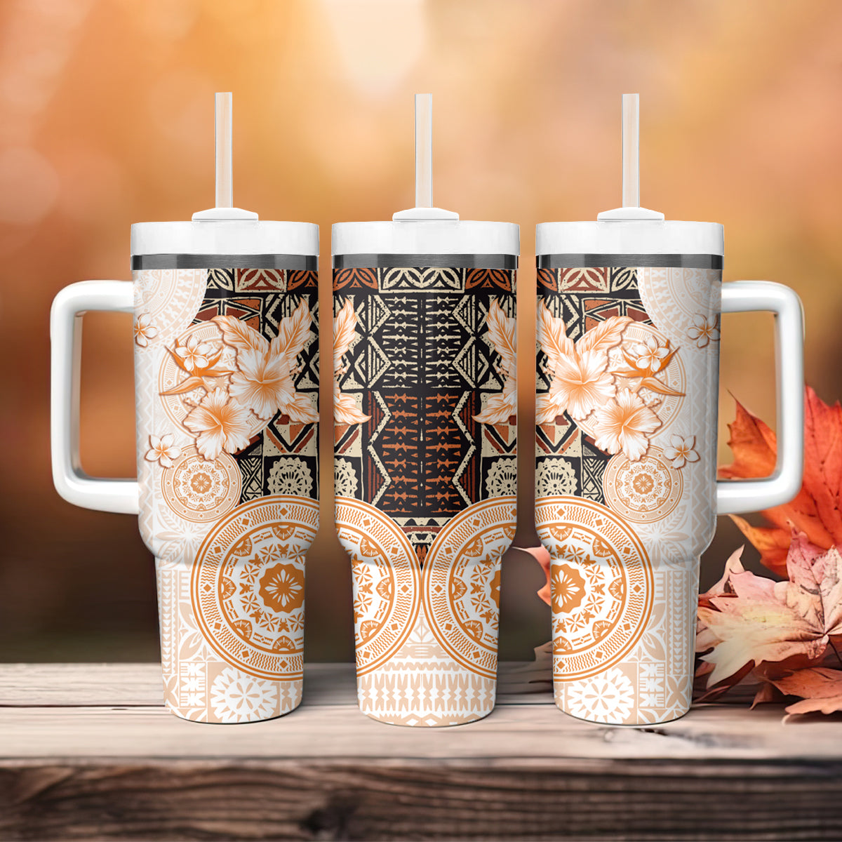 Fiji Tumbler With Handle Masi Tapa Pattern Brown LT05 - Polynesian Pride