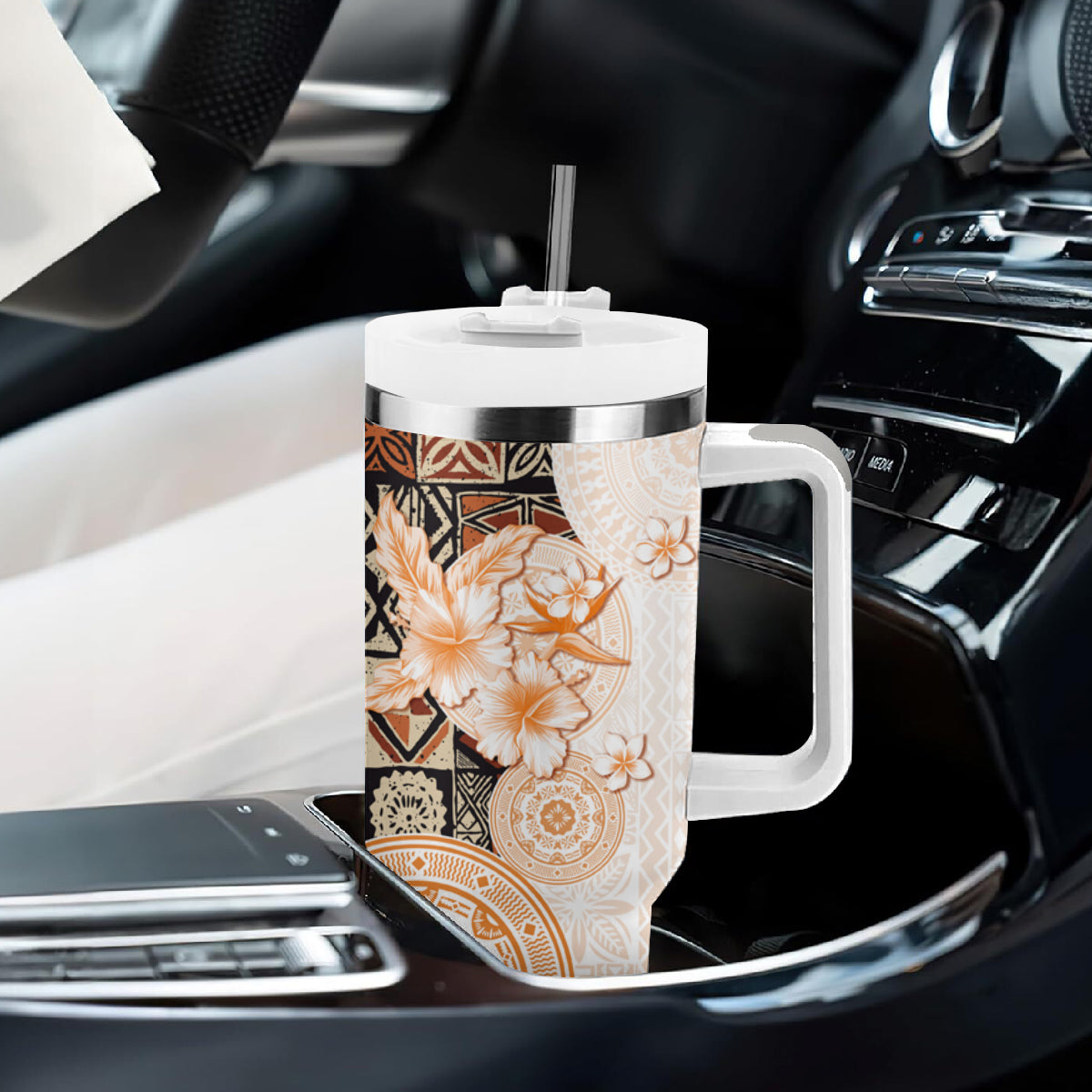 Fiji Tumbler With Handle Masi Tapa Pattern Brown LT05 - Polynesian Pride