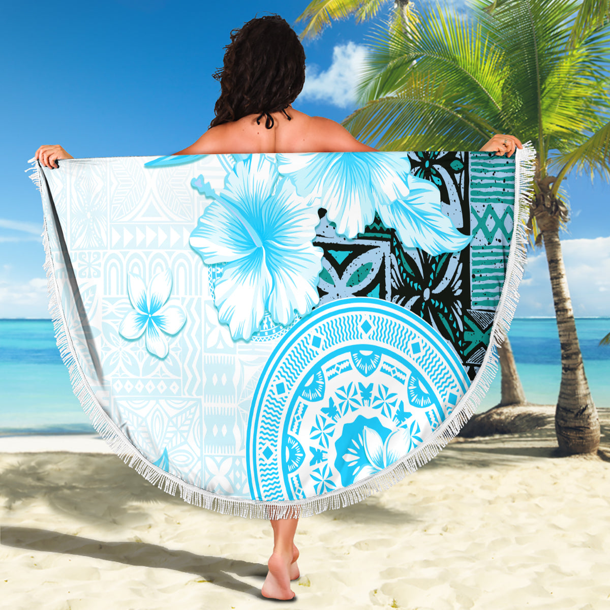 Fiji Beach Blanket Masi Tapa Pattern Blue LT05 - Polynesian Pride