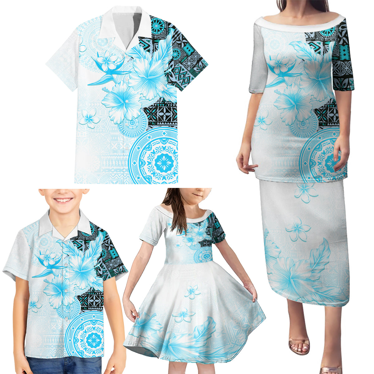 Fiji Family Matching Puletasi Dress and Hawaiian Shirt Masi Tapa Pattern Blue LT05 - Polynesian Pride