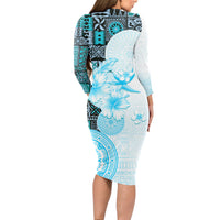 Fiji Long Sleeve Bodycon Dress Masi Tapa Pattern Blue LT05 - Polynesian Pride