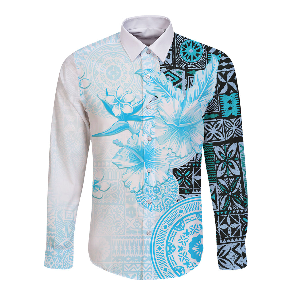 Fiji Long Sleeve Button Shirt Masi Tapa Pattern Blue LT05 Unisex Blue - Polynesian Pride