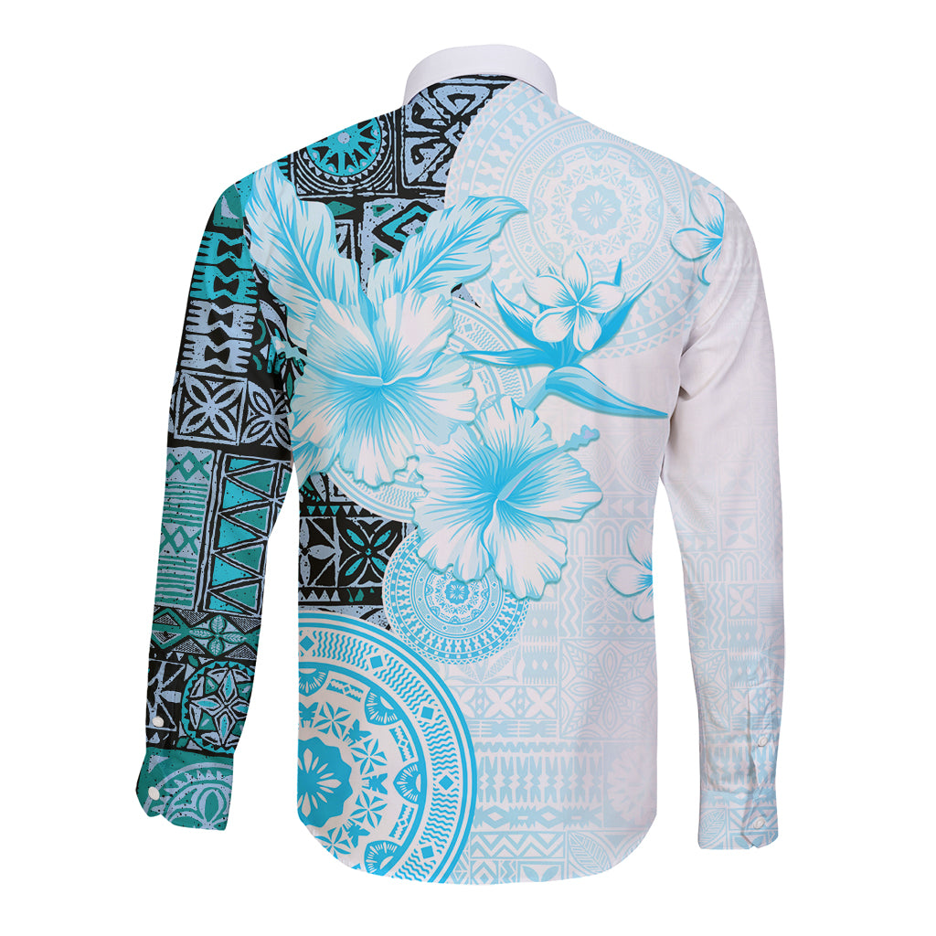 Fiji Long Sleeve Button Shirt Masi Tapa Pattern Blue LT05 - Polynesian Pride