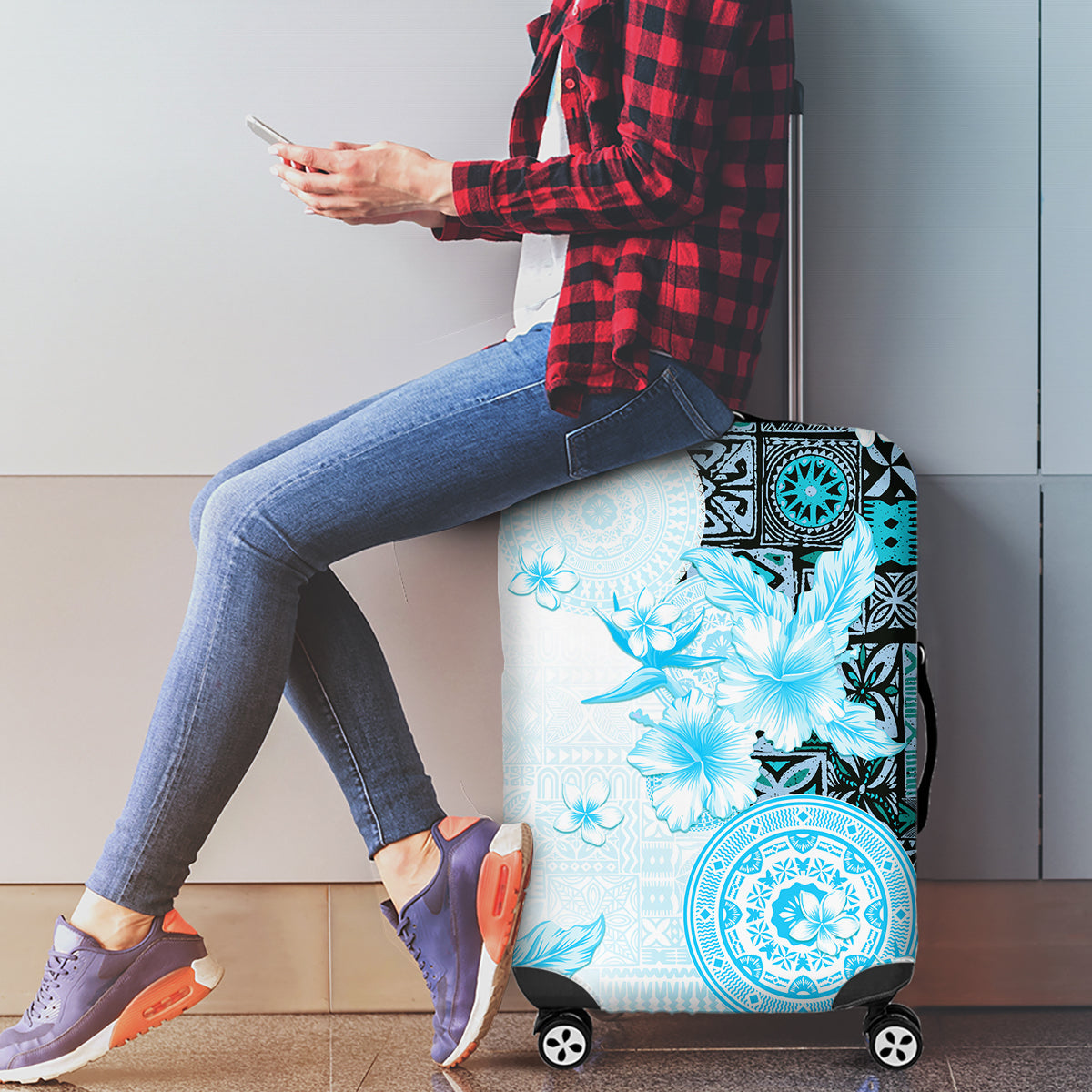 Fiji Luggage Cover Masi Tapa Pattern Blue LT05 - Polynesian Pride