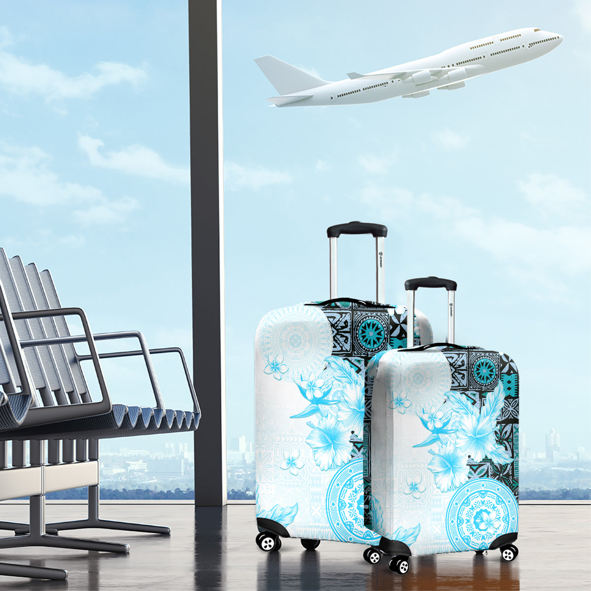 Fiji Luggage Cover Masi Tapa Pattern Blue LT05 - Polynesian Pride