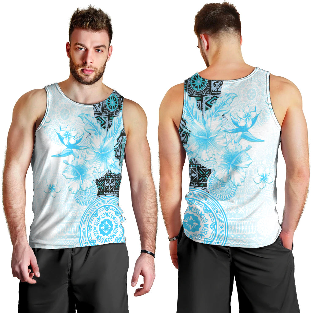 Fiji Men Tank Top Masi Tapa Pattern Blue LT05 - Polynesian Pride