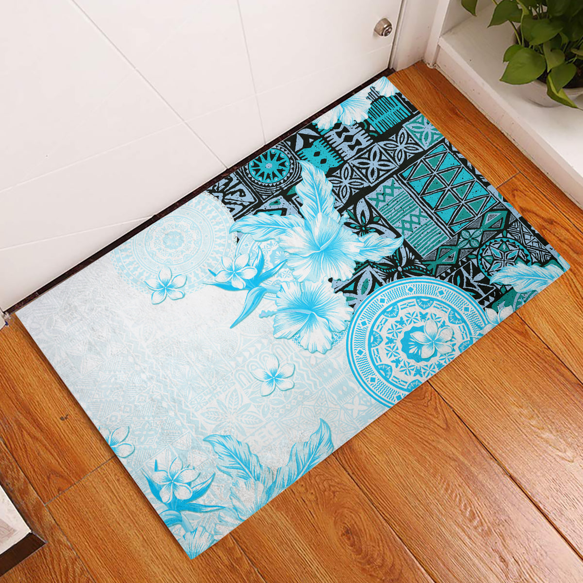 Fiji Rubber Doormat Masi Tapa Pattern Blue LT05 Blue - Polynesian Pride