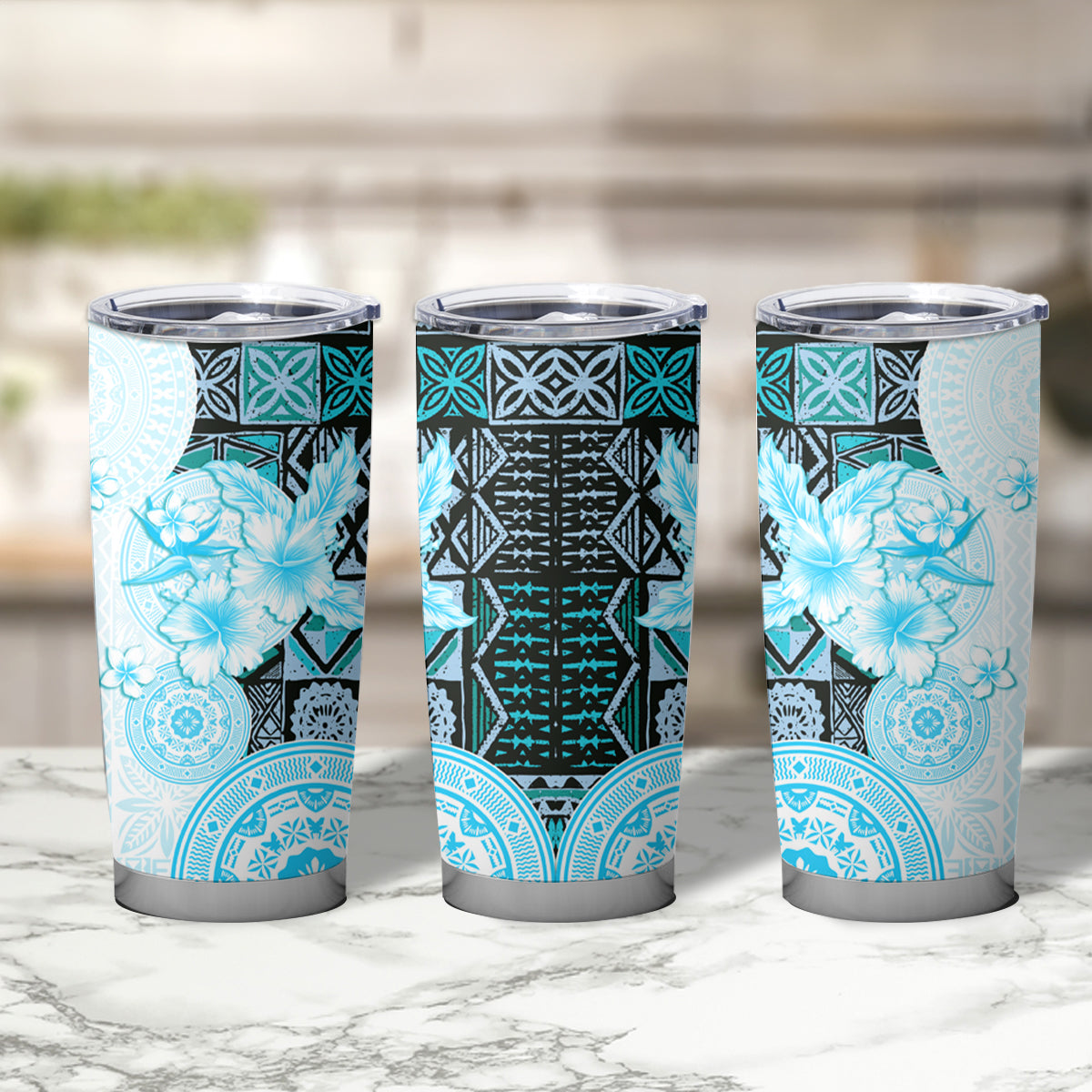 Fiji Tumbler Cup Masi Tapa Pattern Blue LT05 - Polynesian Pride