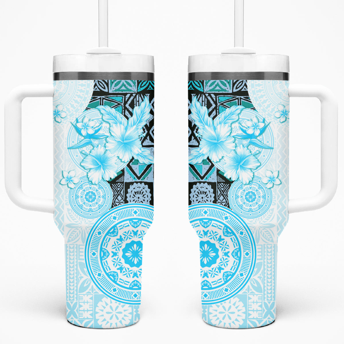Fiji Tumbler With Handle Masi Tapa Pattern Blue LT05 One Size: 40 oz Blue - Polynesian Pride