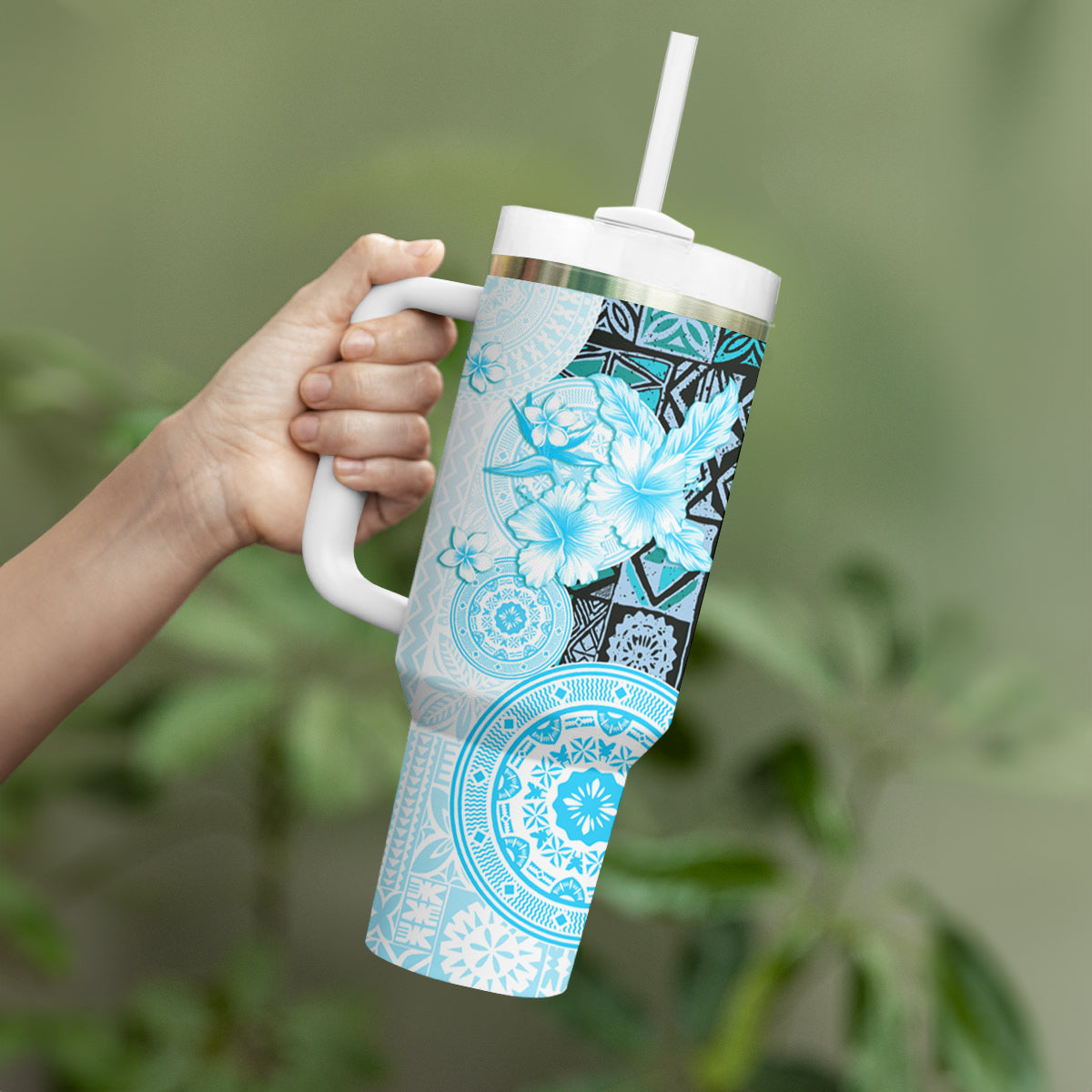 Fiji Tumbler With Handle Masi Tapa Pattern Blue LT05 - Polynesian Pride