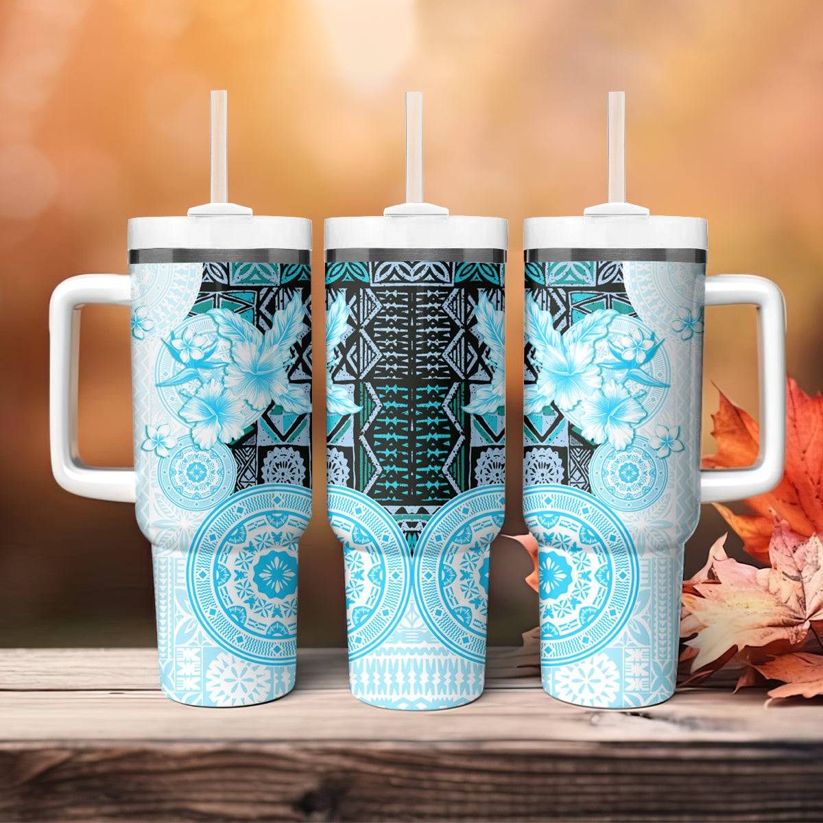 Fiji Tumbler With Handle Masi Tapa Pattern Blue LT05 - Polynesian Pride