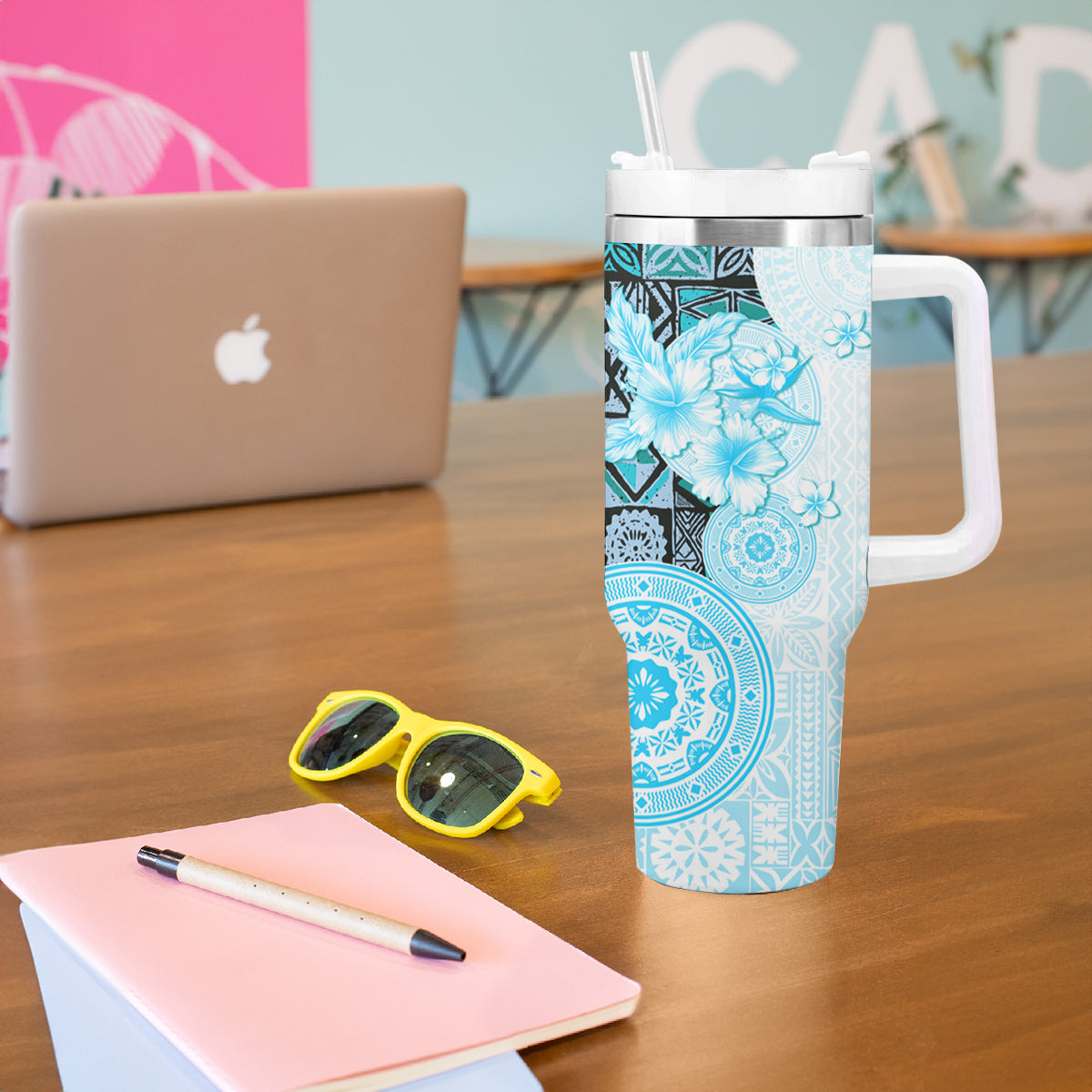 Fiji Tumbler With Handle Masi Tapa Pattern Blue LT05 - Polynesian Pride