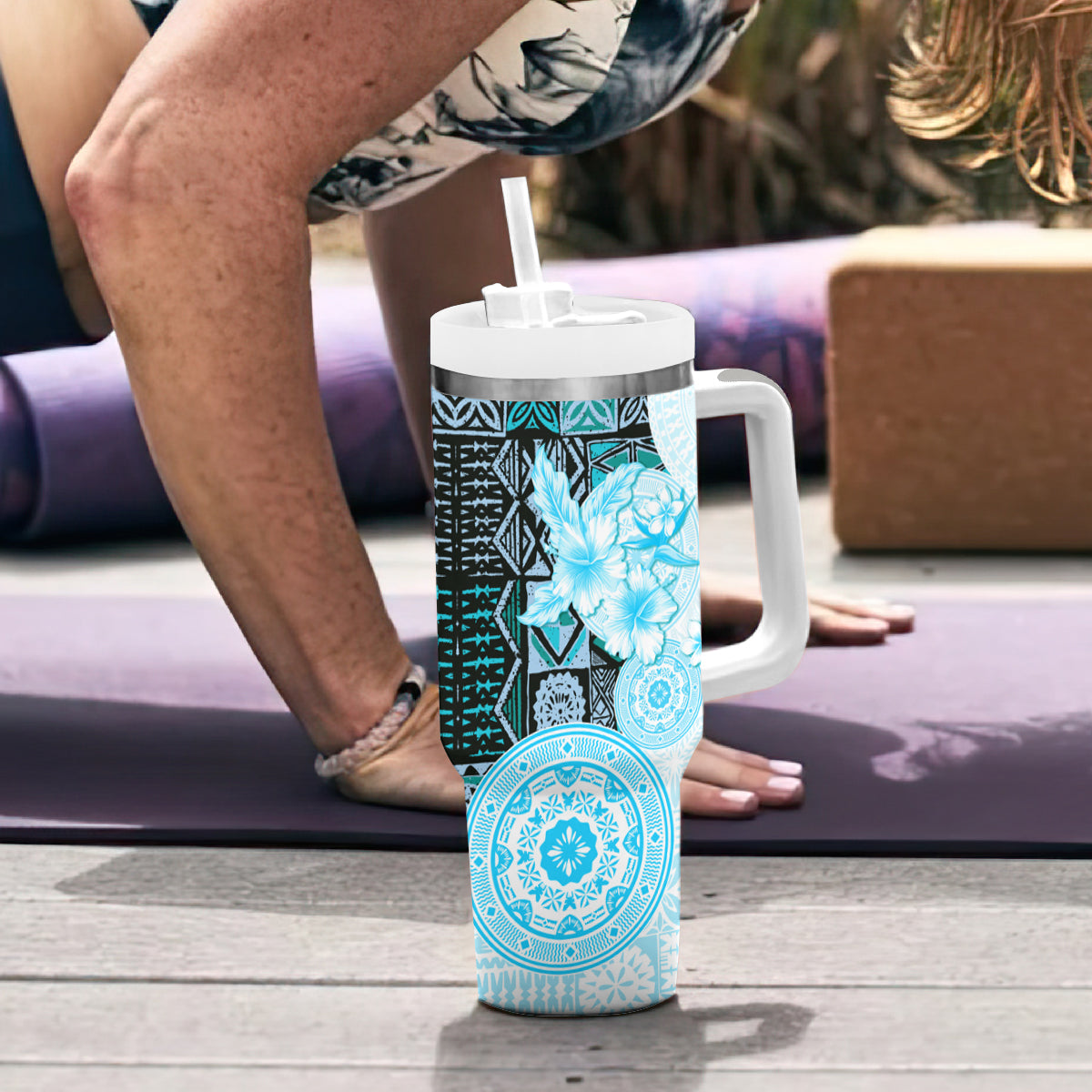 Fiji Tumbler With Handle Masi Tapa Pattern Blue LT05 - Polynesian Pride