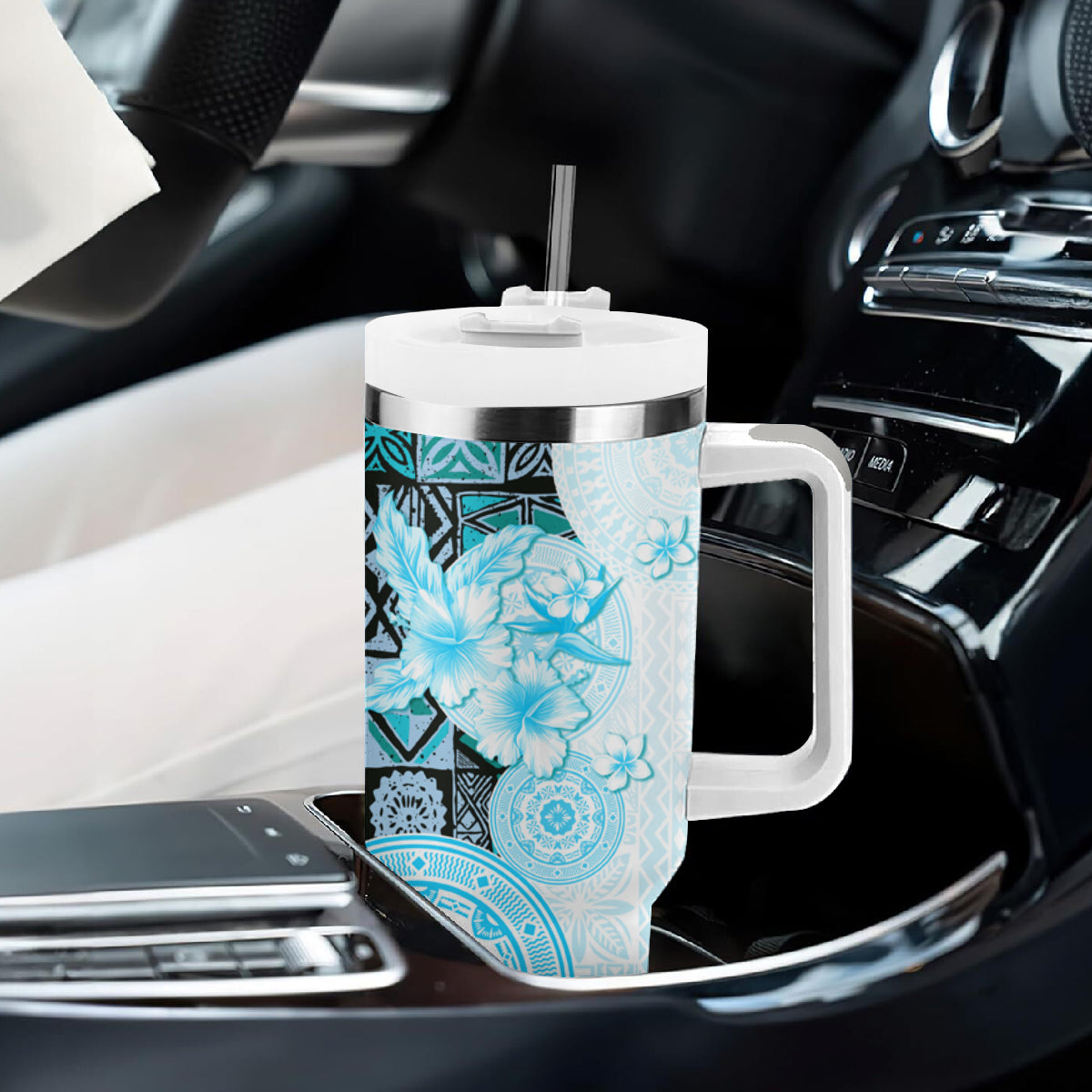 Fiji Tumbler With Handle Masi Tapa Pattern Blue LT05 - Polynesian Pride
