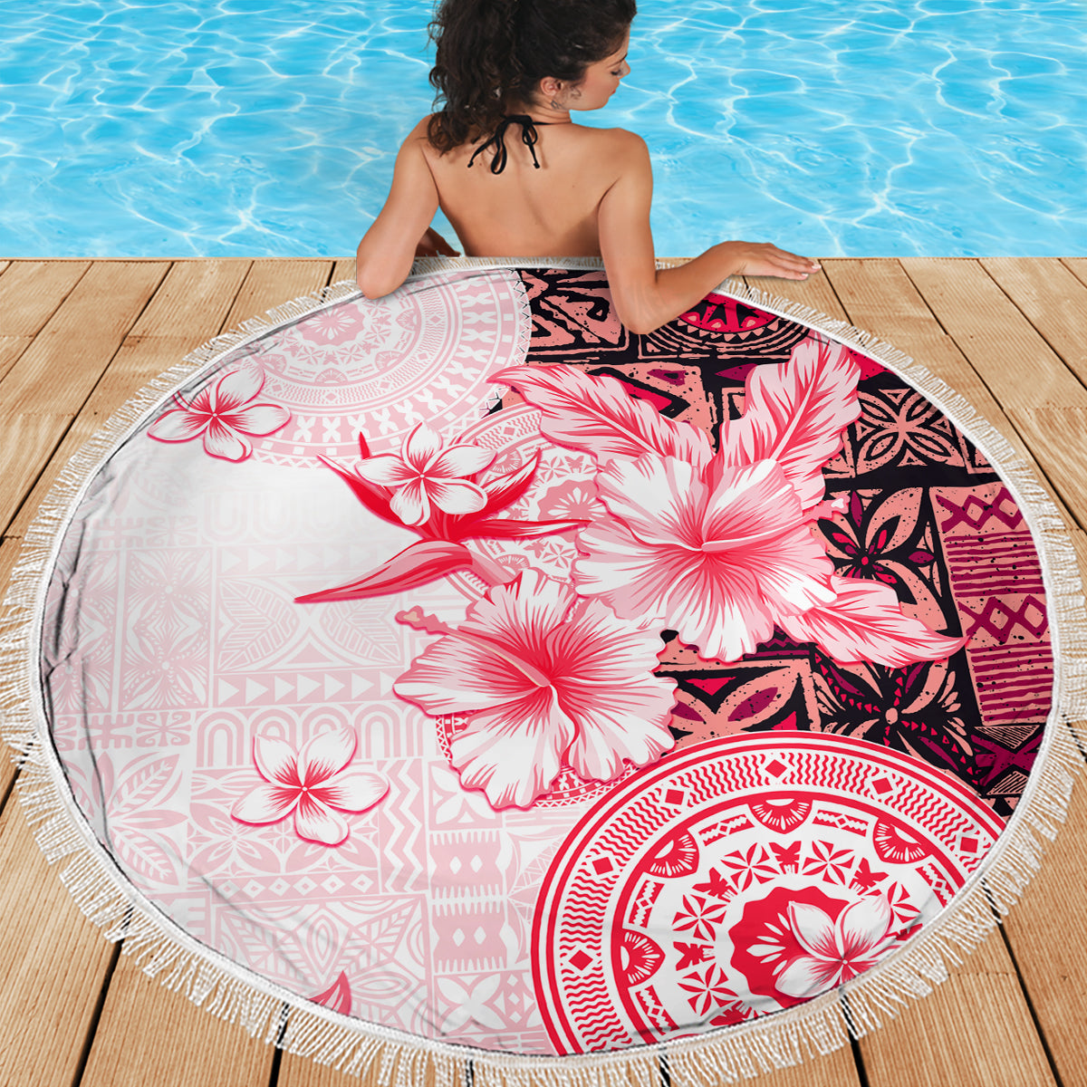 Fiji Beach Blanket Masi Tapa Pattern Red LT05 - Polynesian Pride