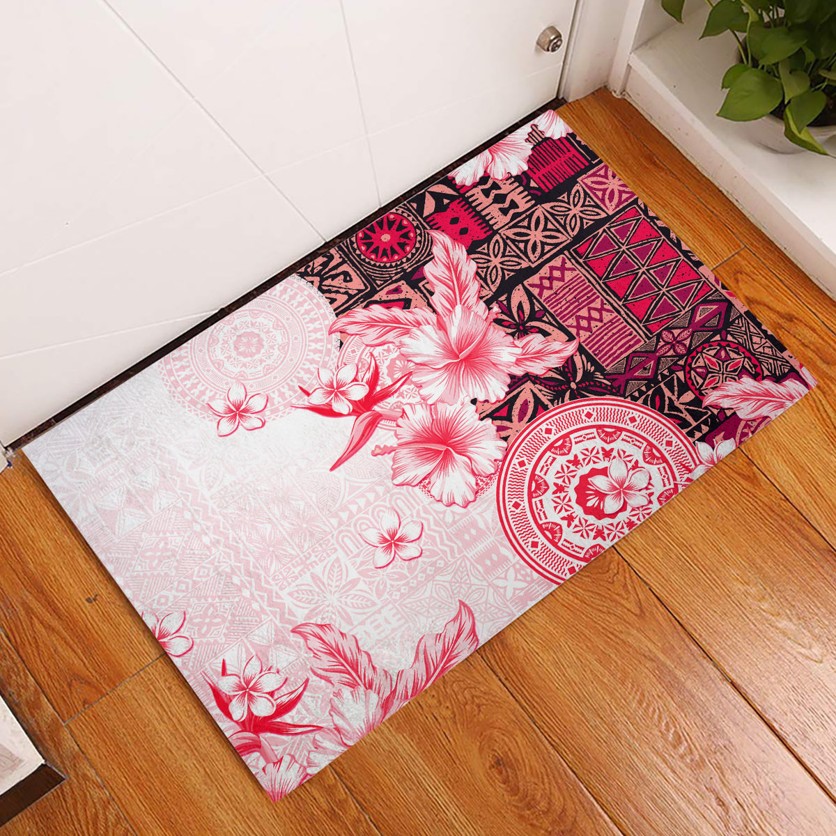 Fiji Rubber Doormat Masi Tapa Pattern Red LT05 Red - Polynesian Pride