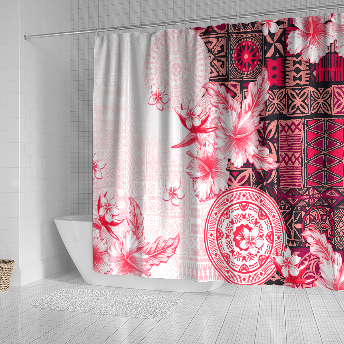 Fiji Shower Curtain Masi Tapa Pattern Red LT05 - Polynesian Pride