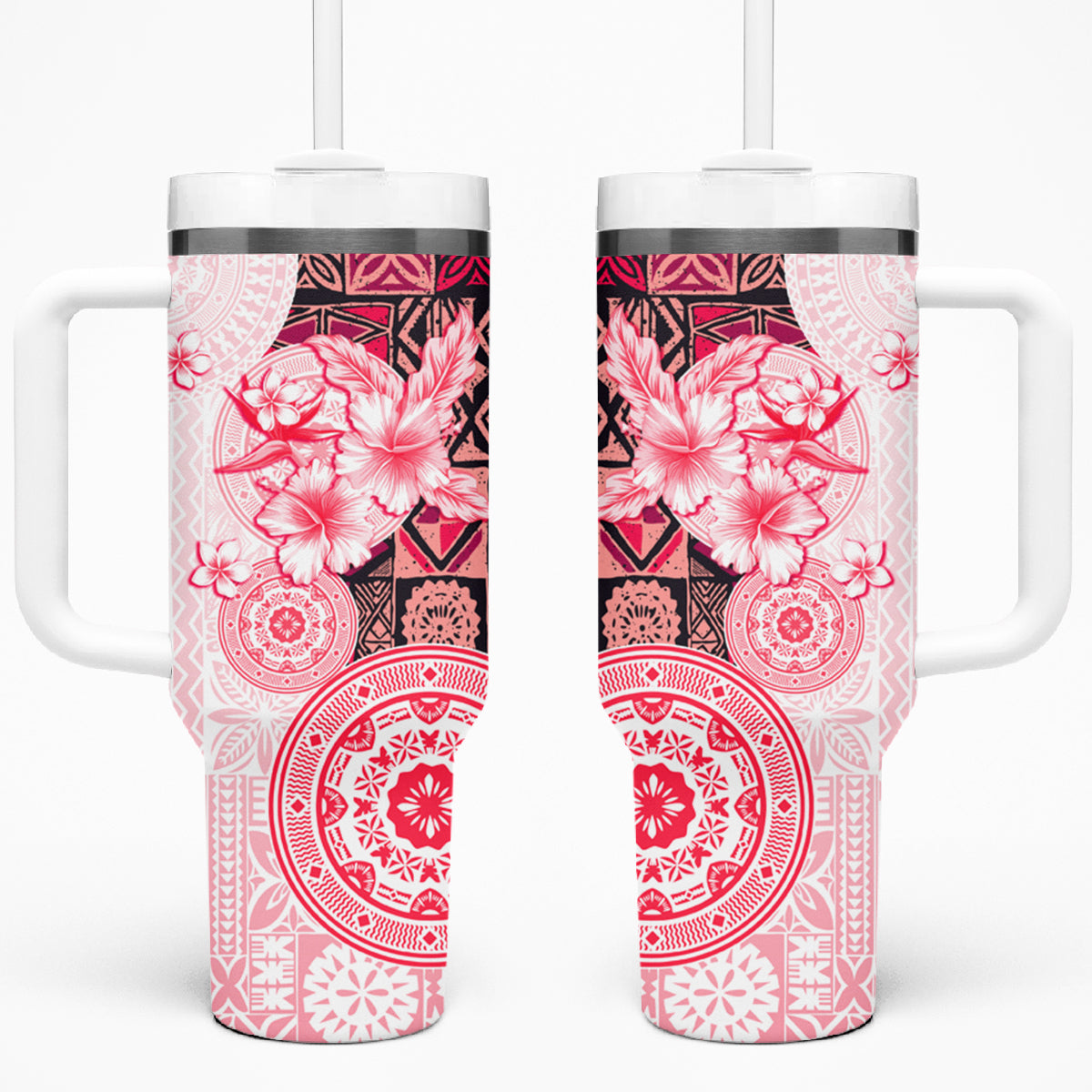 Fiji Tumbler With Handle Masi Tapa Pattern Red LT05 One Size: 40 oz Red - Polynesian Pride