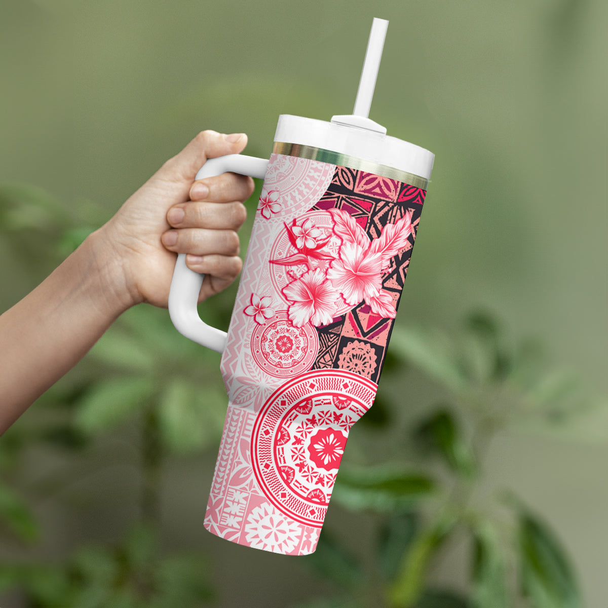Fiji Tumbler With Handle Masi Tapa Pattern Red LT05 - Polynesian Pride