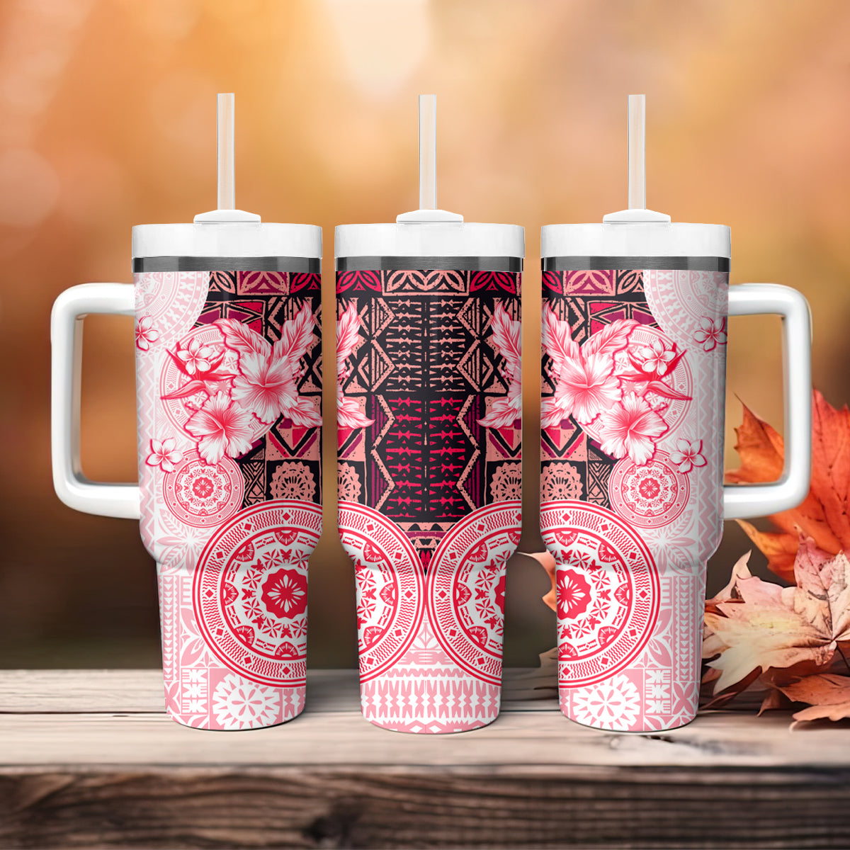 Fiji Tumbler With Handle Masi Tapa Pattern Red LT05 - Polynesian Pride