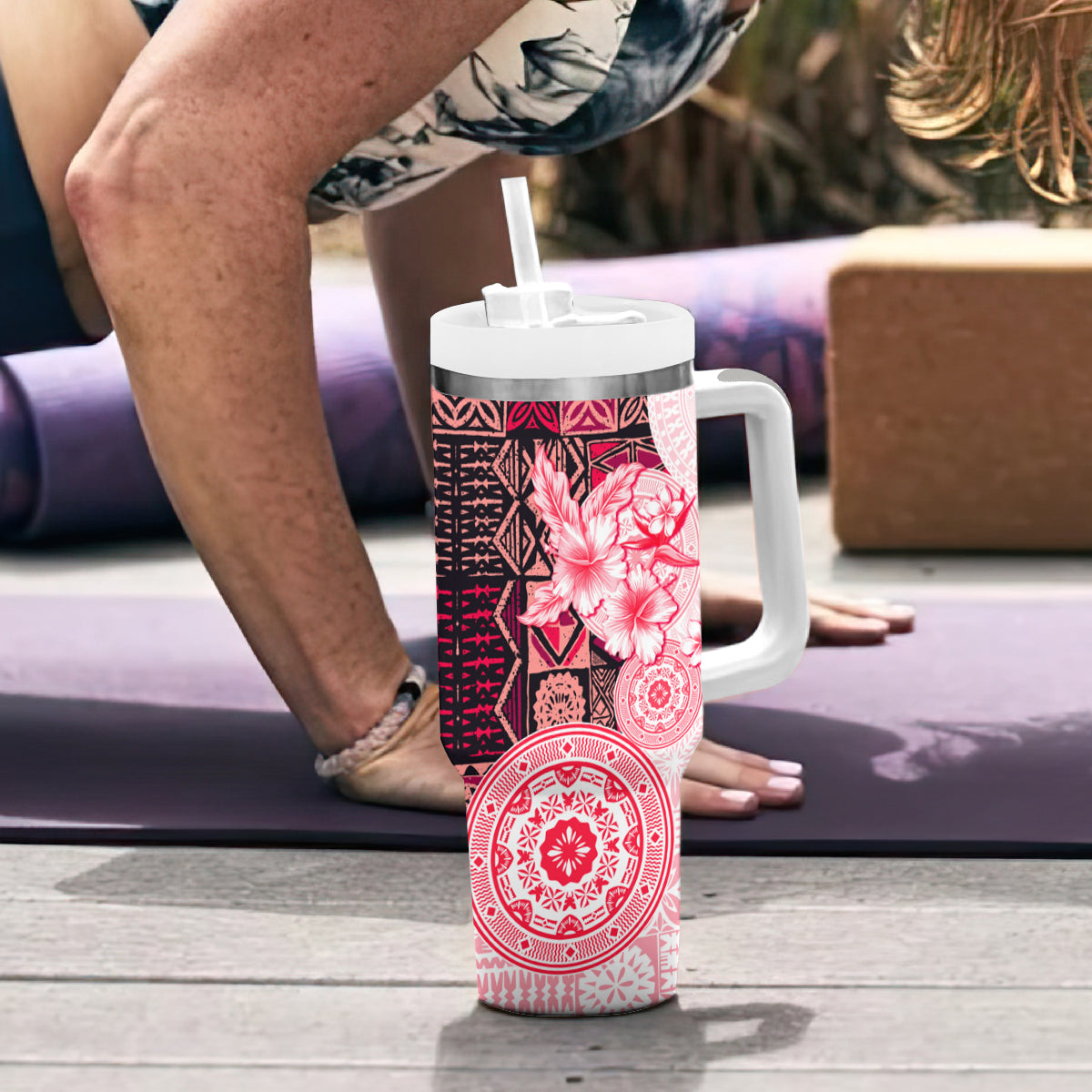 Fiji Tumbler With Handle Masi Tapa Pattern Red LT05 - Polynesian Pride