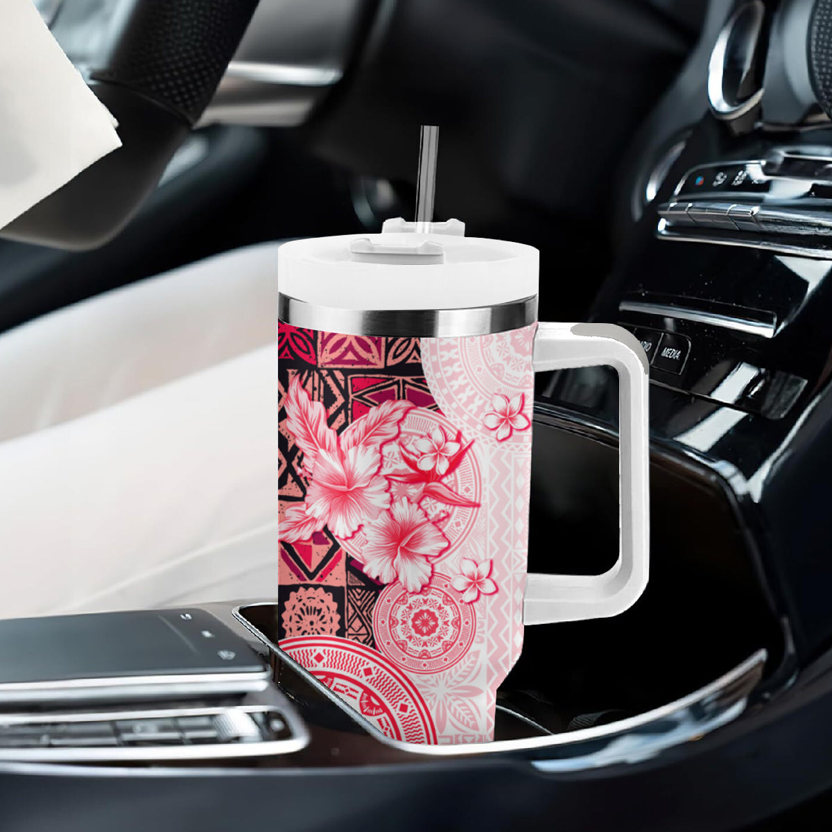 Fiji Tumbler With Handle Masi Tapa Pattern Red LT05 - Polynesian Pride