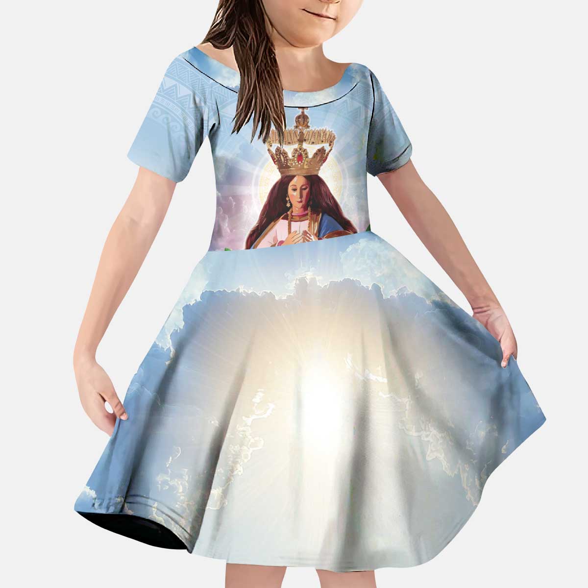 Guam Patroness Kid Short Sleeve Dress The Legend Santa Marian Kamalen LT05 KID Blue - Polynesian Pride