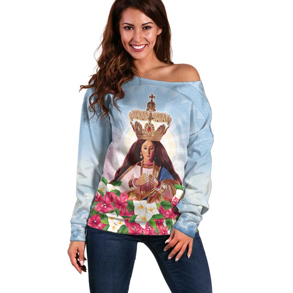 Guam Patroness Off Shoulder Sweater The Legend Santa Marian Kamalen LT05 Women Blue - Polynesian Pride