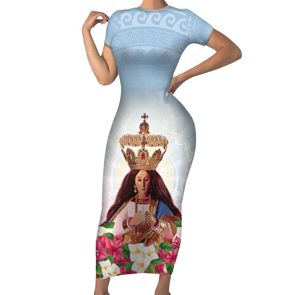 Guam Patroness Short Sleeve Bodycon Dress The Legend Santa Marian Kamalen LT05 Long Dress Blue - Polynesian Pride