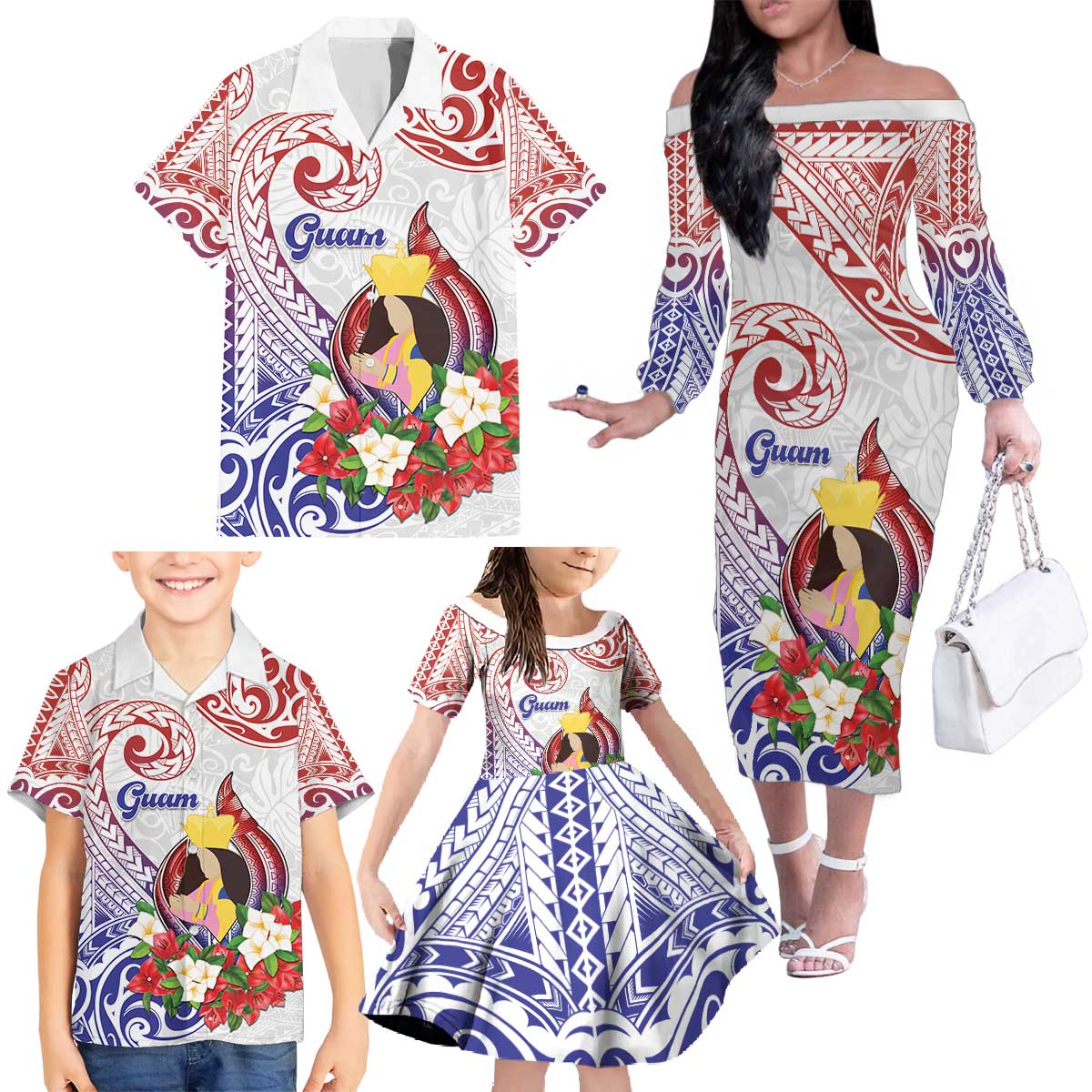 Happy Guam Santa Marian Kamalen Day Family Matching Off The Shoulder Long Sleeve Dress and Hawaiian Shirt