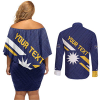 Personalised Happy Nauru Independence Day Couples Matching Off Shoulder Short Dress and Long Sleeve Button Shirt Polynesian Pattern LT05 - Polynesian Pride