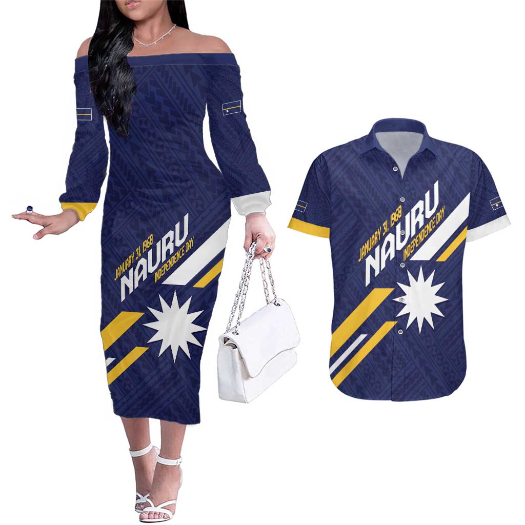 Personalised Happy Nauru Independence Day Couples Matching Off The Shoulder Long Sleeve Dress and Hawaiian Shirt Polynesian Pattern