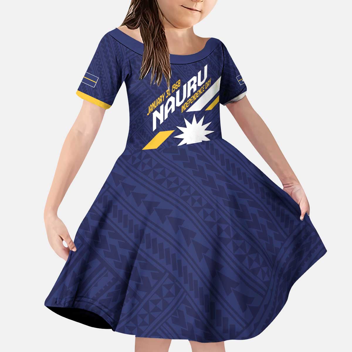 Personalised Happy Nauru Independence Day Kid Short Sleeve Dress Polynesian Pattern LT05 KID Blue - Polynesian Pride