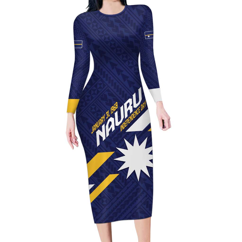 Personalised Happy Nauru Independence Day Long Sleeve Bodycon Dress Polynesian Pattern LT05 Long Dress Blue - Polynesian Pride